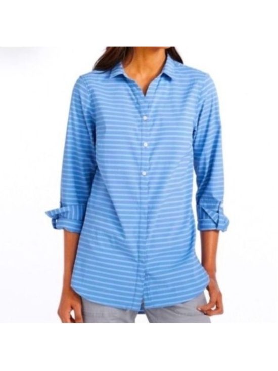 L.L. Bean Tops - L.L.Bean Blue Striped Roll Tab Sleeve Button Down Shirt Sz L Outdoor Hiking